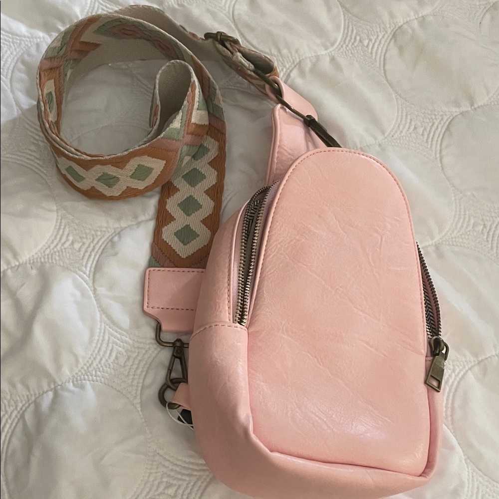 Blush Pink Backpack with Patterned Strap